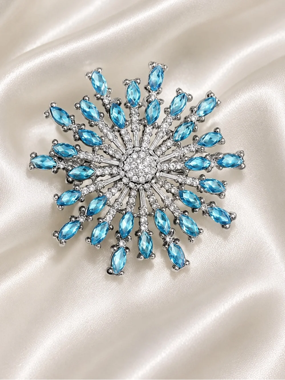 Silver Blue Crystal Starburst Brooch
